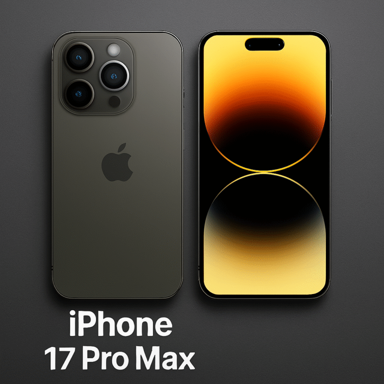 Front and back view of Apple iPhone 17 Pro Max showcasing its titanium finish, triple-camera system, and edge-to-edge display with Dynamic Island.