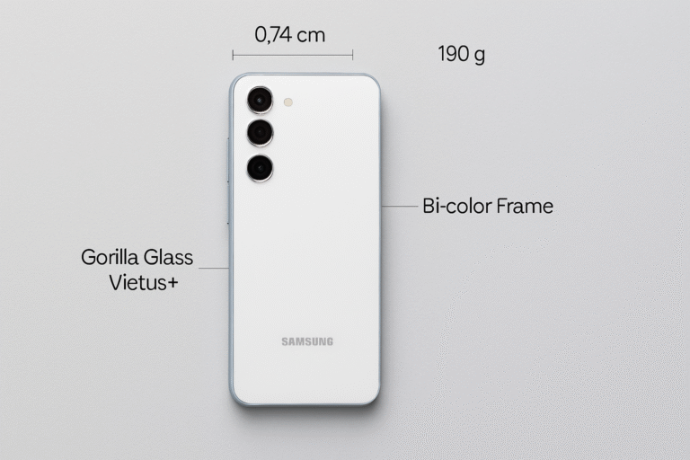 Samsung Galaxy S25 FE smartphone in white with bi-color Icyblue frame,Samsung Galaxy S25 FE – slim white phone with Icyblue frame, Gorilla Glass back, and triple cameras,showcasing slim 0.74 cm thickness and 190g weight,Gorilla Glass Victus+ back, and triple-camera setup on a light gray background.