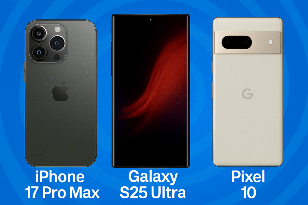 Side-by-side comparison of Apple iPhone 17 Pro Max, Google Pixel 10 Pro XL, and Samsung Galaxy S25 Ultra showcasing their design, camera modules, and display features against a vibrant background.