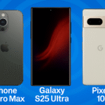 Side-by-side comparison of Apple iPhone 17 Pro Max, Google Pixel 10 Pro XL, and Samsung Galaxy S25 Ultra showcasing their design, camera modules, and display features against a vibrant background.