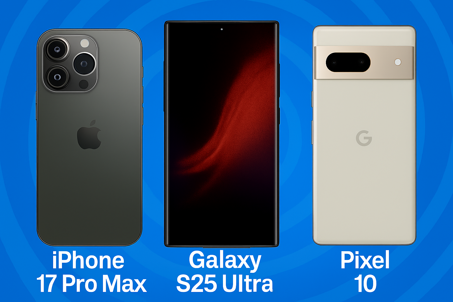 Side-by-side comparison of Apple iPhone 17 Pro Max, Google Pixel 10 Pro XL, and Samsung Galaxy S25 Ultra showcasing their design, camera modules, and display features against a vibrant background.