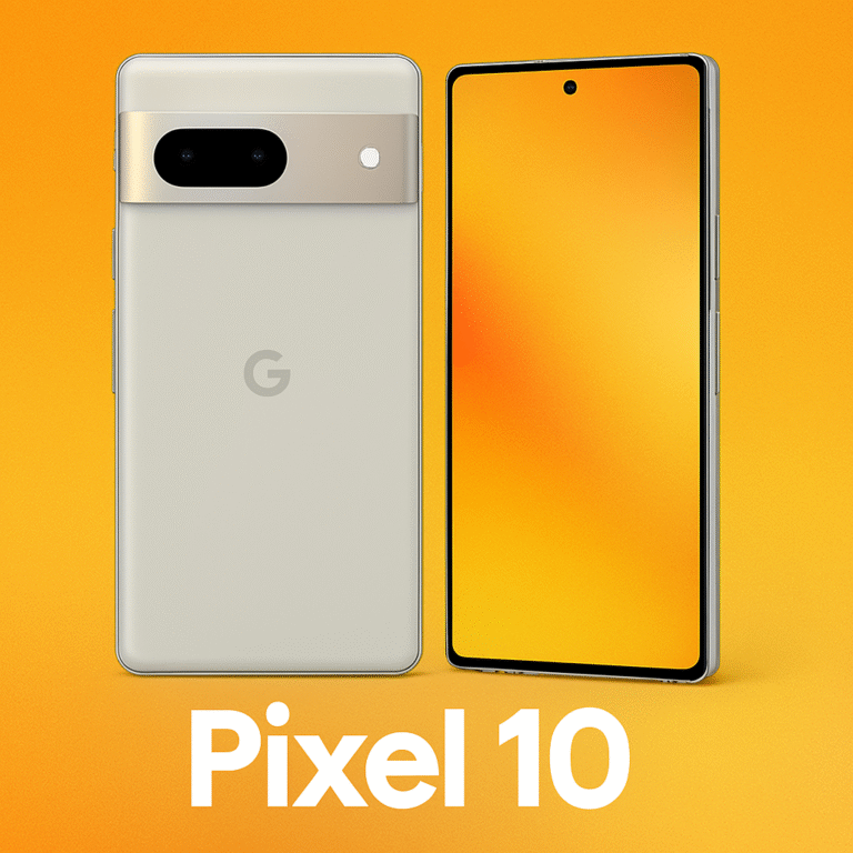 Rear and front view of Google Pixel 10 smartphone featuring a dual-tone design, horizontal camera bar, and edge-to-edge display with punch-hole camera.