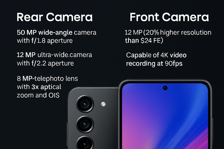 Samsung Galaxy S25 FE rear camera module with 50MP wide-angle lens, 12MP ultra-wide, and 8MP telephoto lens featuring OIS and 3x optical zoom, alongside 12MP front camera with 4K video recording capability.