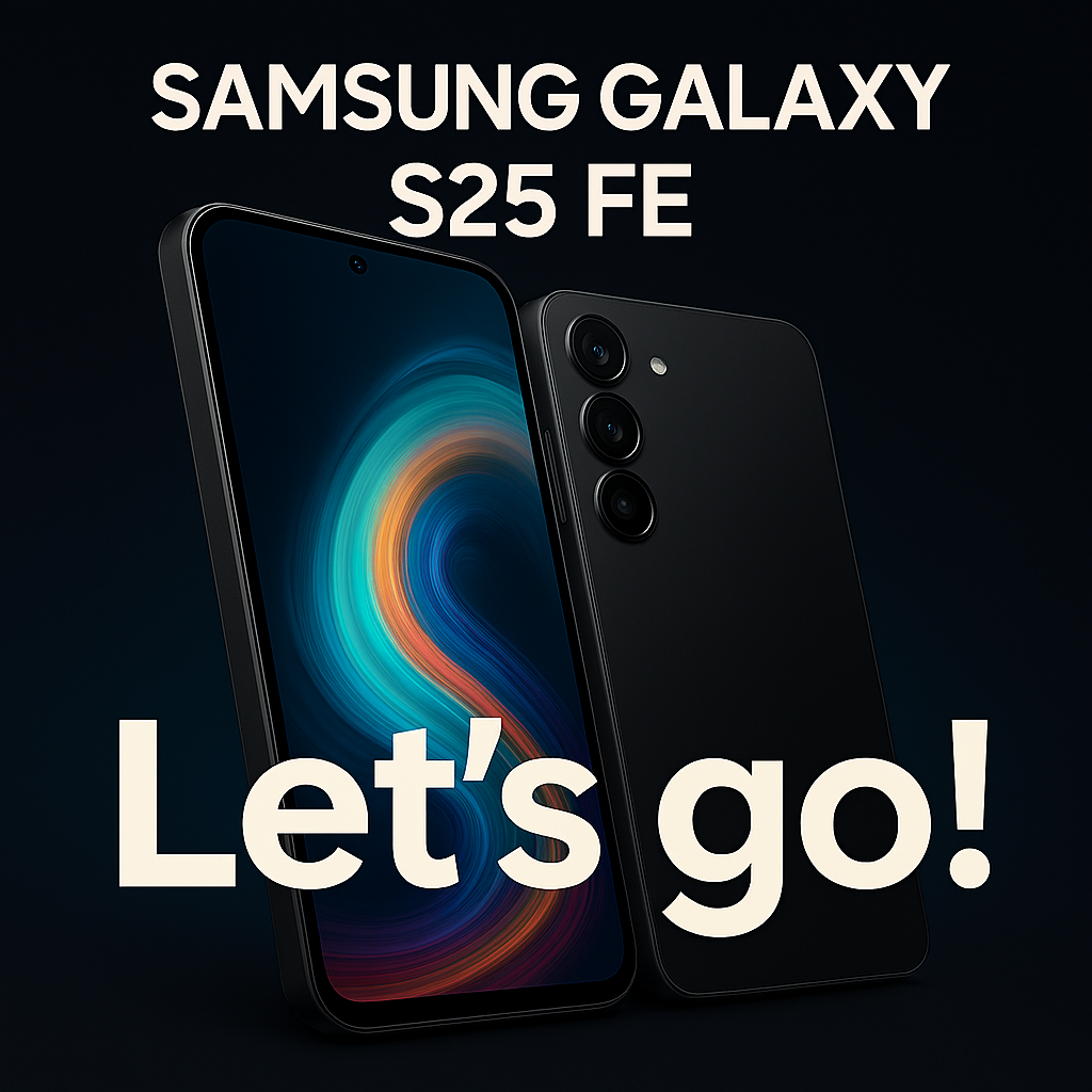 Samsung Galaxy S25 FE smartphone with vibrant display and triple rear camera module shown on a dark gradient background, featuring bold 'Let’s go!' text for blog thumbnail