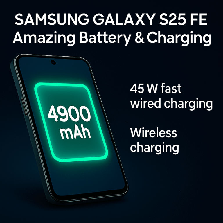 Samsung Galaxy S25 FE smartphone showcasing 4900mAh battery with 45W fast charging, 15W wireless charging, and reverse wireless charging features on a dark gradient background.