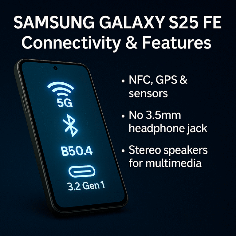 Samsung Galaxy S25 FE smartphone showcasing 5G, Wi-Fi 6E, Bluetooth 5.4, USB Type-C 3.2 Gen 1, NFC, GPS, stereo speakers, and no headphone jack against a dark blue gradient background.