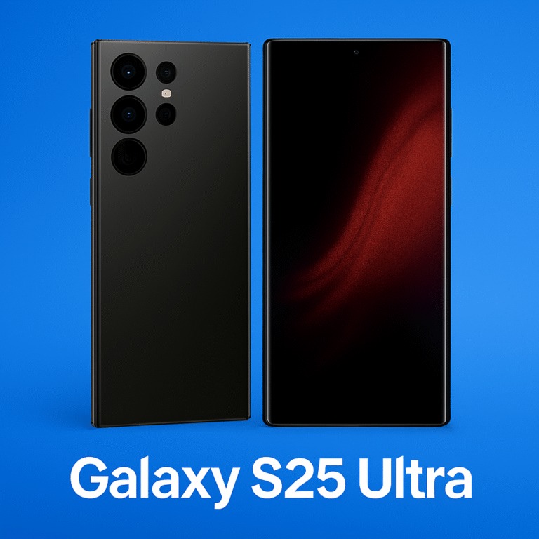 Front and rear view of Samsung Galaxy S25 Ultra showcasing its edge-to-edge display, quad-camera setup, and matte black finish.