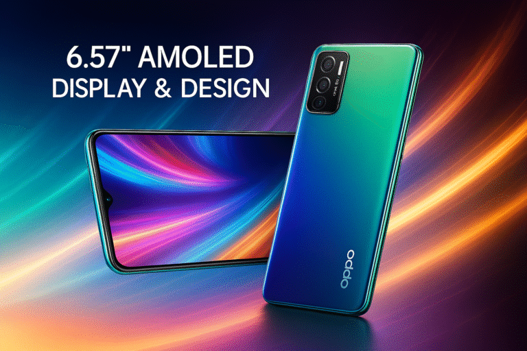 Front and back view of Oppo F31 5G smartphone showcasing its 6.57-inch AMOLED display and gradient design with neon light trails in the background.