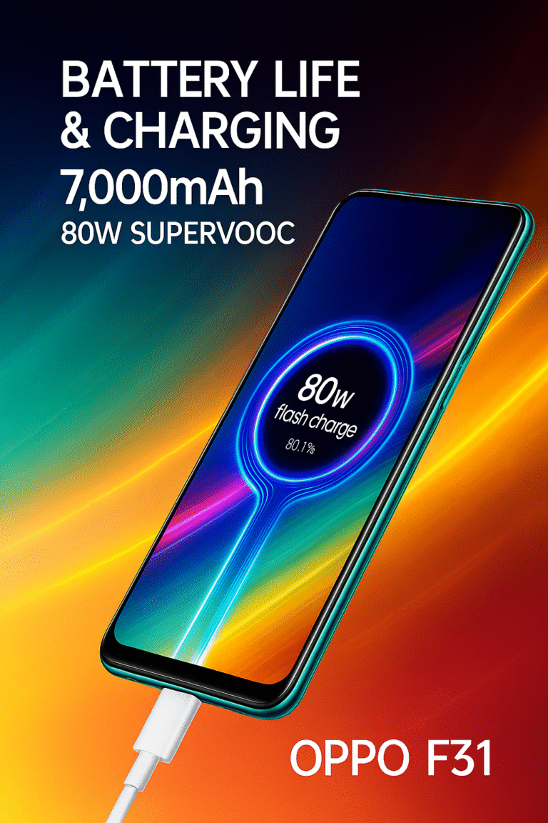 Oppo F31 smartphone showing 80W SUPERVOOC fast charging and 7,000mAh battery with vibrant neon background and charging animation on screen.
