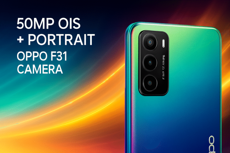 Close-up of Oppo F31 smartphone showcasing its 50MP OIS rear camera and portrait lens against a vibrant neon background.