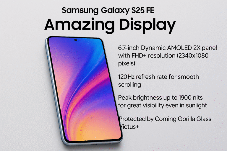 Samsung Galaxy S25 FE smartphone showcasing its 6.7-inch Dynamic AMOLED 2X display with FHD+ resolution, 120Hz refresh rate, 1900 nits peak brightness, and Gorilla Glass Victus+ protection
