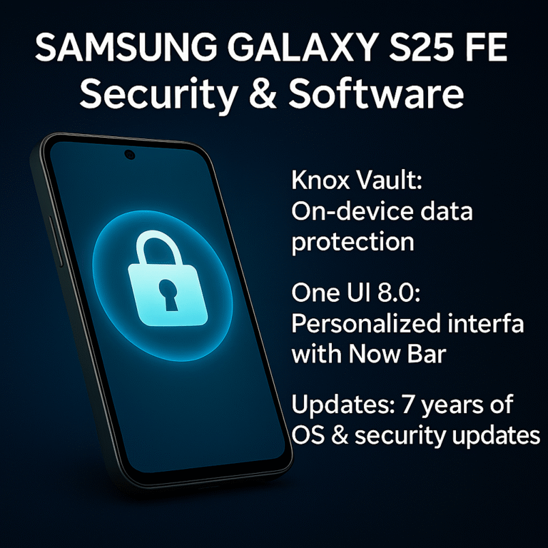Samsung Galaxy S25 FE smartphone showcasing Knox Vault data protection, One UI 8.0 with Now Bar interface, and 7 years of OS and security updates on a dark blue gradient background