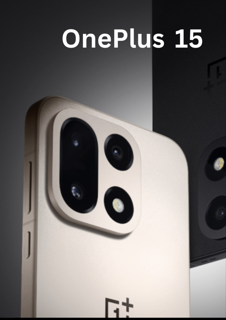 OnePlus 15 smartphone in gold and black variants showcasing quad-camera module and sleek design