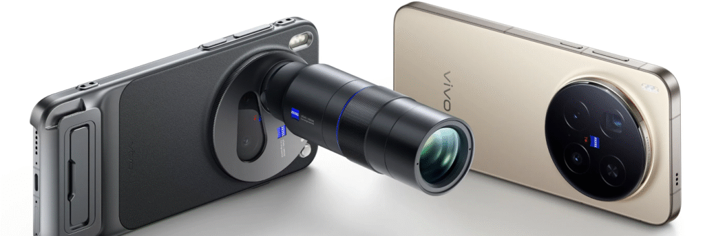 Close-up of the champagne gold Vivo V300 series back, featuring a large circular camera module with four lenses and ZEISS T* branding, emphasizing the sleek flat design.